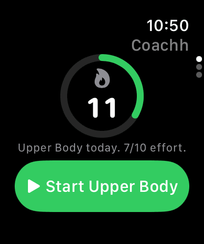 The Apple Watch app showing an 11-day streak, today's XP ring and a Start Upper Body button